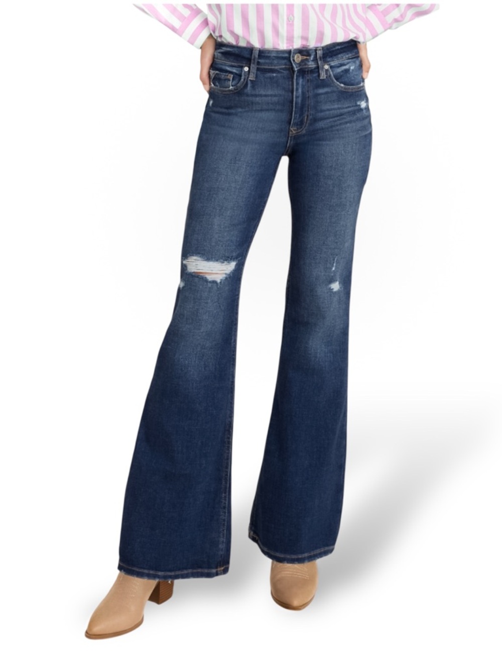 Maurices Edgely Relaxed Flare Jeans Super High Rise Dark Wash Distressed